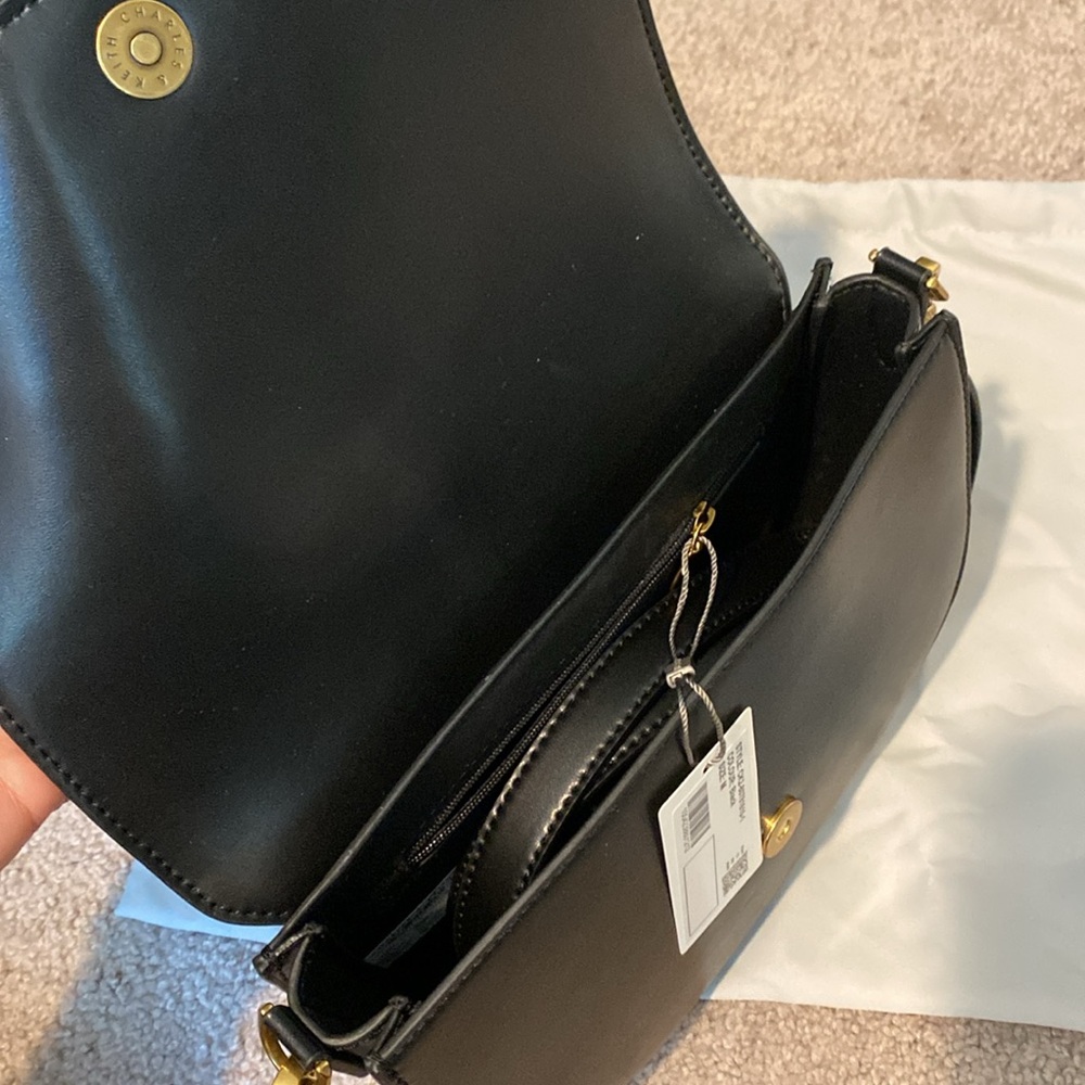 Charles & Keith Black Saddle Shoulder Bag with Gold Accent - Picture 2 of 5